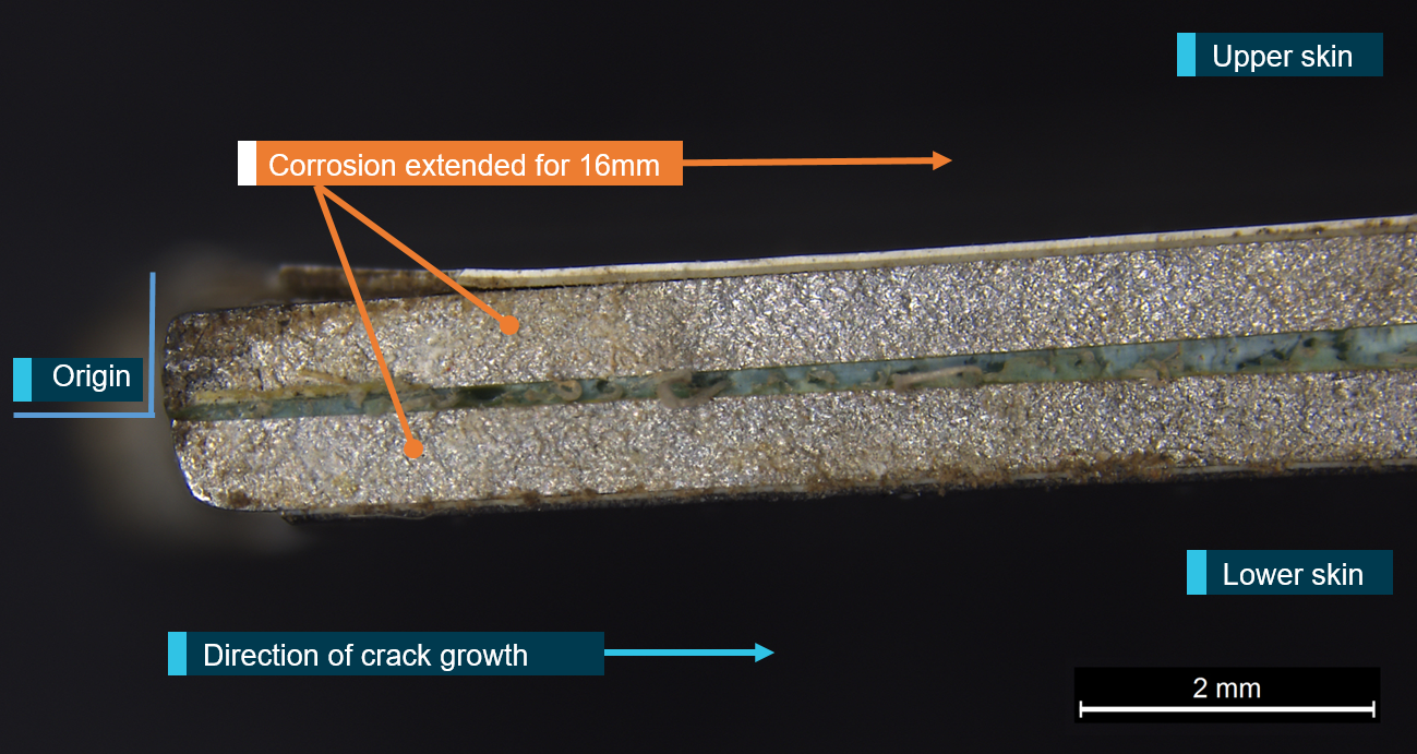 Figure 9: Fatigue crack surface showing minor corrosion close to the origin.The corrosion extended for approximately 16mm along the blade skin crack surfaces, up until the mixed-mode region. Source: ATSB.