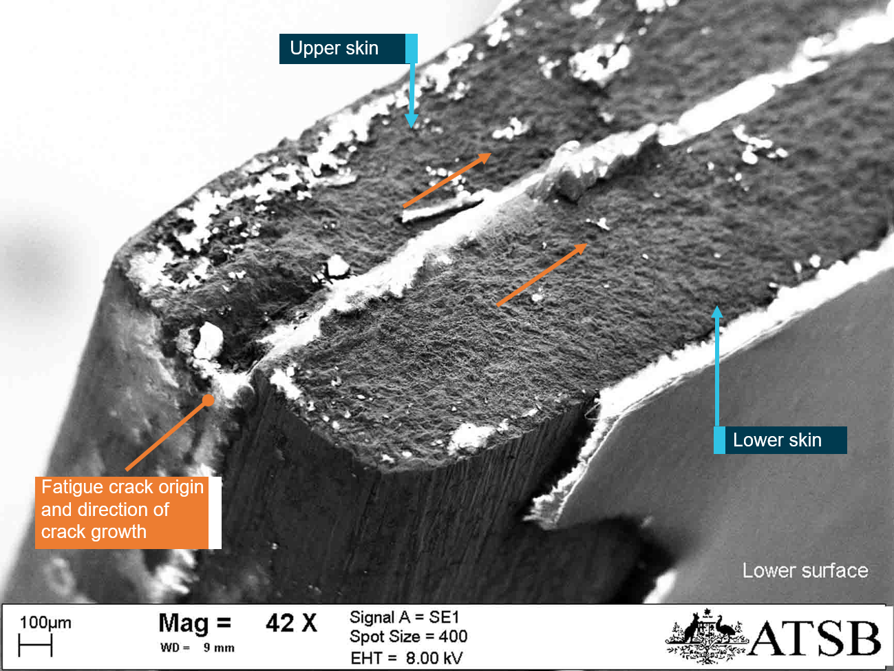 Figure 11: SEM image of the trailing edge origin also identifying the direction of fatigue crack growth.<br />
Source: ATSB