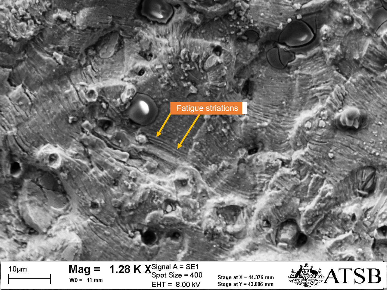 Figure 12: SEM image of the fracture within the fatigue region identifying fine striations consistent with high-cycle fatigue.<br />
Source: ATSB