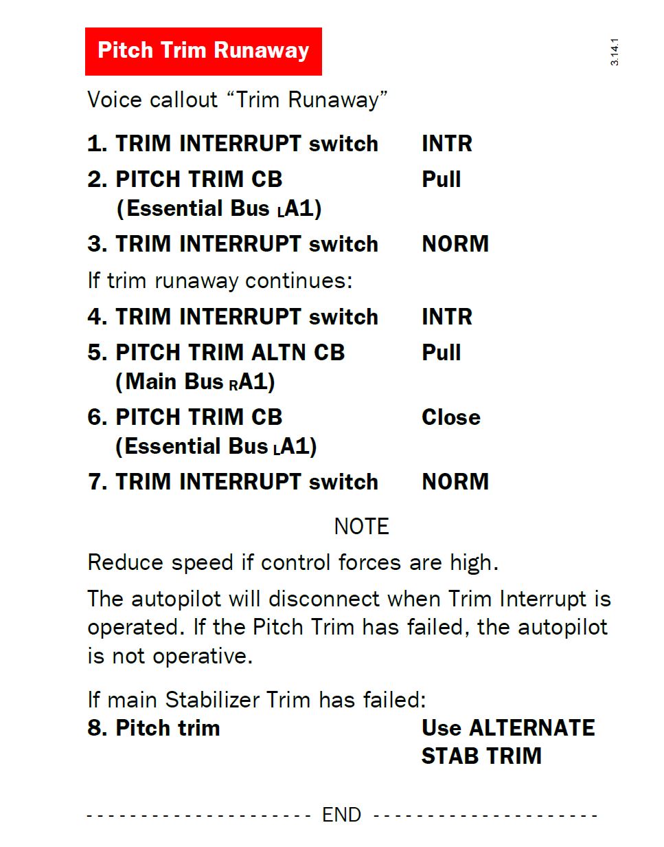 Figure 6: Quick Reference Handbook Emergency Procedures – Pitch Trim Runaway.Source: Pilatus
