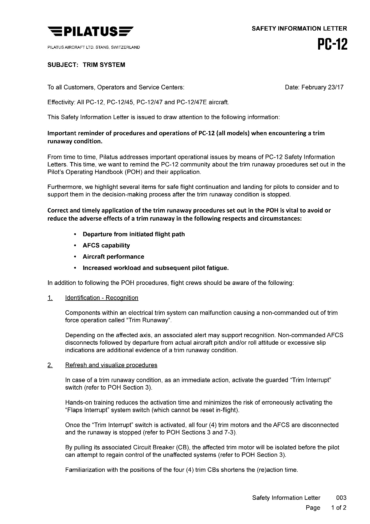 Appendix B – Pilatus PC-12 Safety Information Letter SIL-003