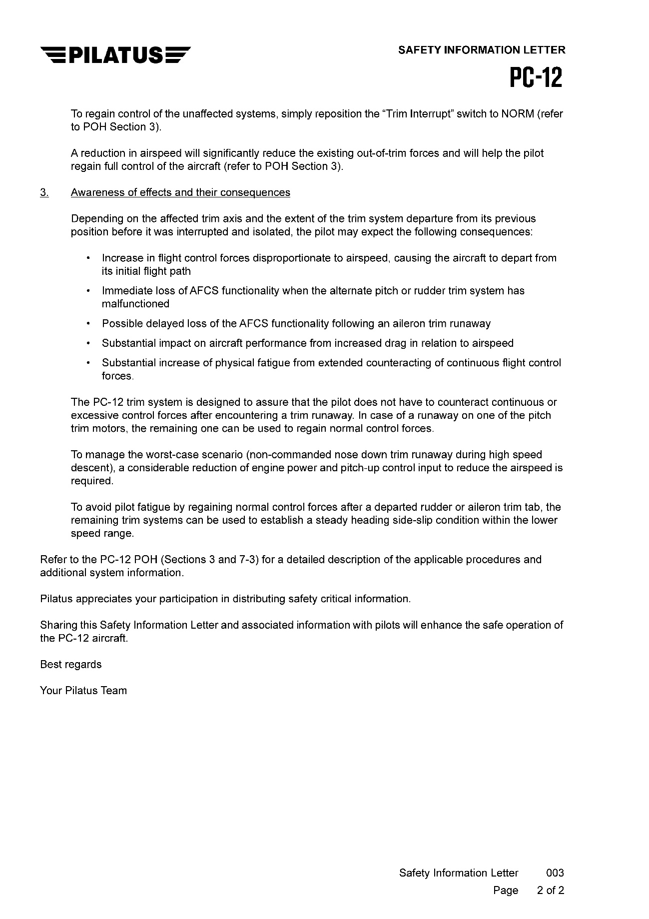 Appendix B – Pilatus PC-12 Safety Information Letter SIL-003