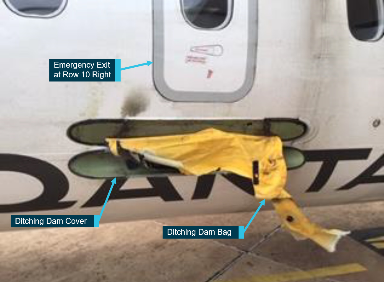 Figure 1: The ditching dam as found upon landing.Source: Qantaslink. Annotated by ATSB.