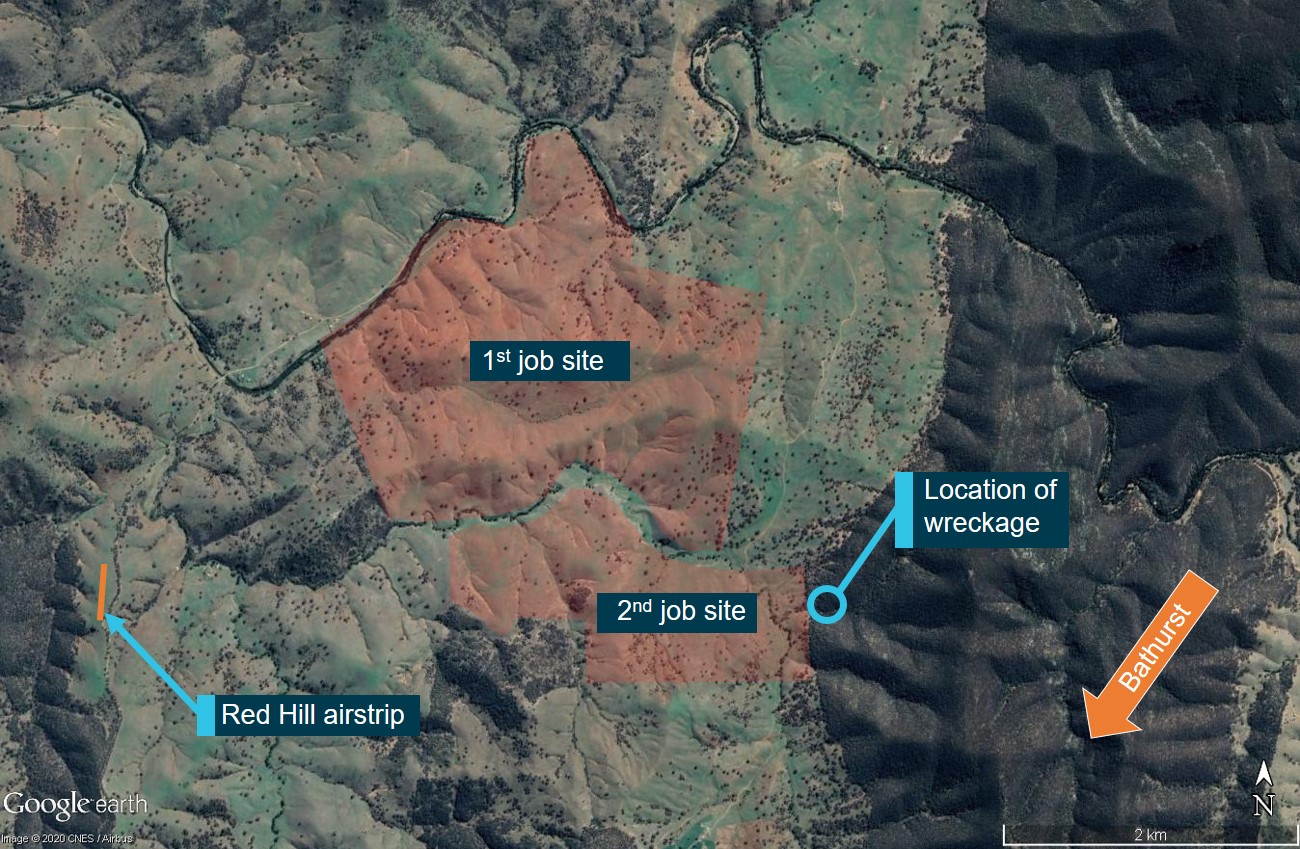 Figure 2: Area of operations.Figure 2 shows the area of operations including Red Hill airstrip and the location of the wreckage. The red shaded areas shows the approximate area of application for the first and second job sites.Source: Google, annotated by ATSB.