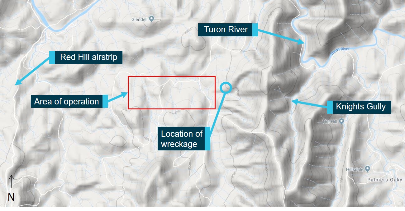 Figure 4: Topographical map showing the area of operations.Figure 4 shows the area of operation in relation to a ridgeline to the east of the application area.Source: Map data: Google, annotated by ATSB