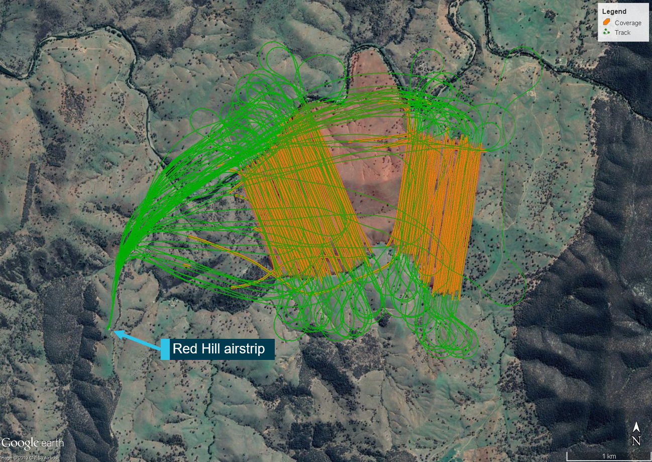 Figure 6: TracMap data of the flights involved in the first job on 16 June.Figure 6 shows the aircraft’s flight tack (shown in green) as well as the areas where fertiliser was applied (shown in orange).The red shaded area shows the approximate area of application for this job. Also shown by the annotation is the location of the Red Hill airstrip.Source: Google, annotated by ATSB.
