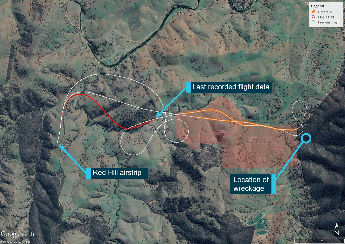 Figure 7: TracMap data of the penultimate flight (shown in white) and the accident flight  (shown in red).Figure 7 shows TracMap flight data for the accident flight in red and the previous flight in white. Areas on the previous flight where fertiliser was applied are shown in orange. The red shaded area shows the approximate area of application for this job. Also shown by the annotations are the Red Hill airstrip and the location of the wreckage.Source: Google Earth, annotated by ATSB.