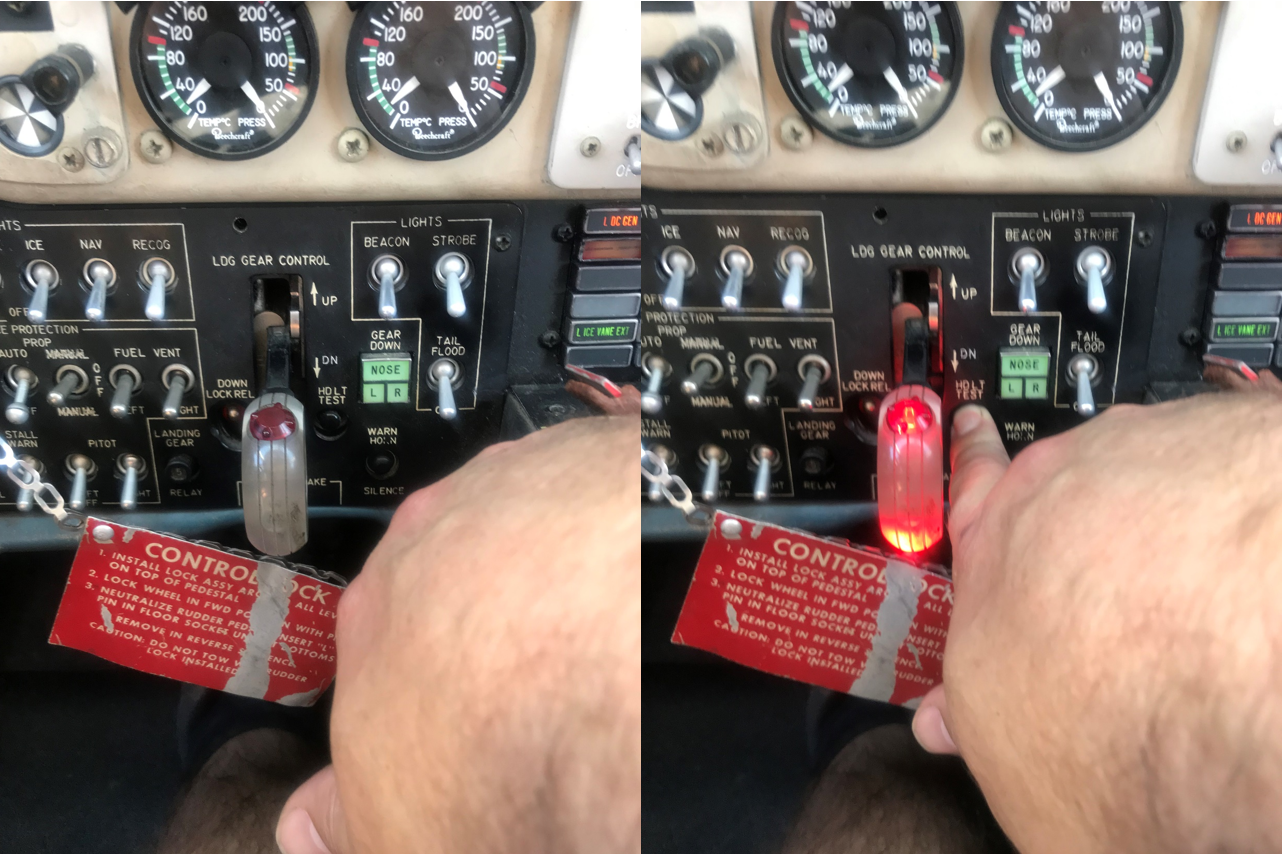 Figure 5: Exemplar landing gear control lever and warning light extinguished (left) and illuminated (right) (see note).<br />
Source: Aircraft maintainer Note: the image is only intended to illustrate the handle warning light. It is not intended to represent the landing gear configuration at the time of the occurrence.