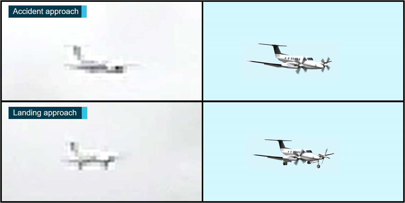 Figure 8: Mount Gambier Airport CCTV captures of ODI and representative images of a B200.<br />
Source: Airport operator and ATSB.