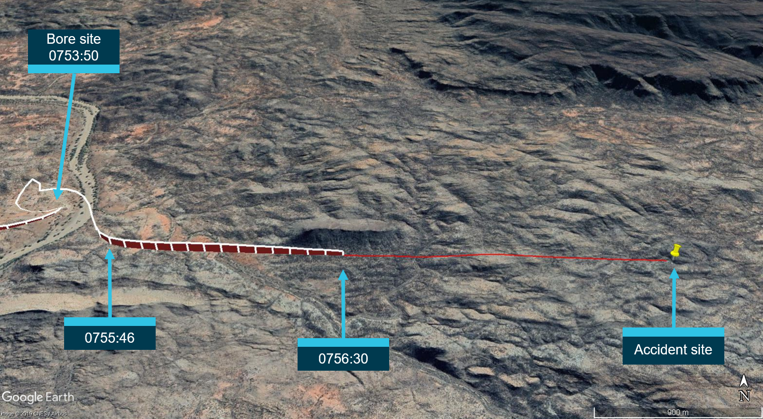 Figure 4: GPS track from the bore site to the accident site.Source: Google earth, annotated by the ATSB