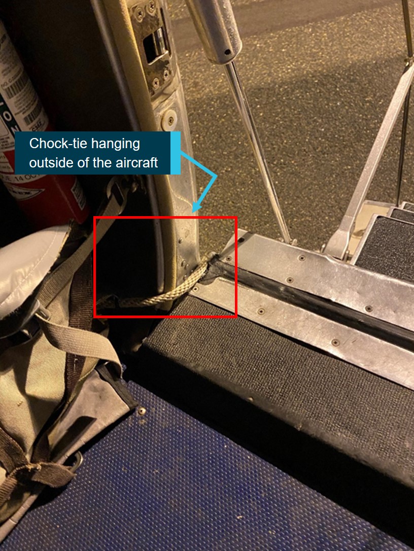 Figure 1: Wheel chock-tie hanging out of the door.<br />
Source: Operator