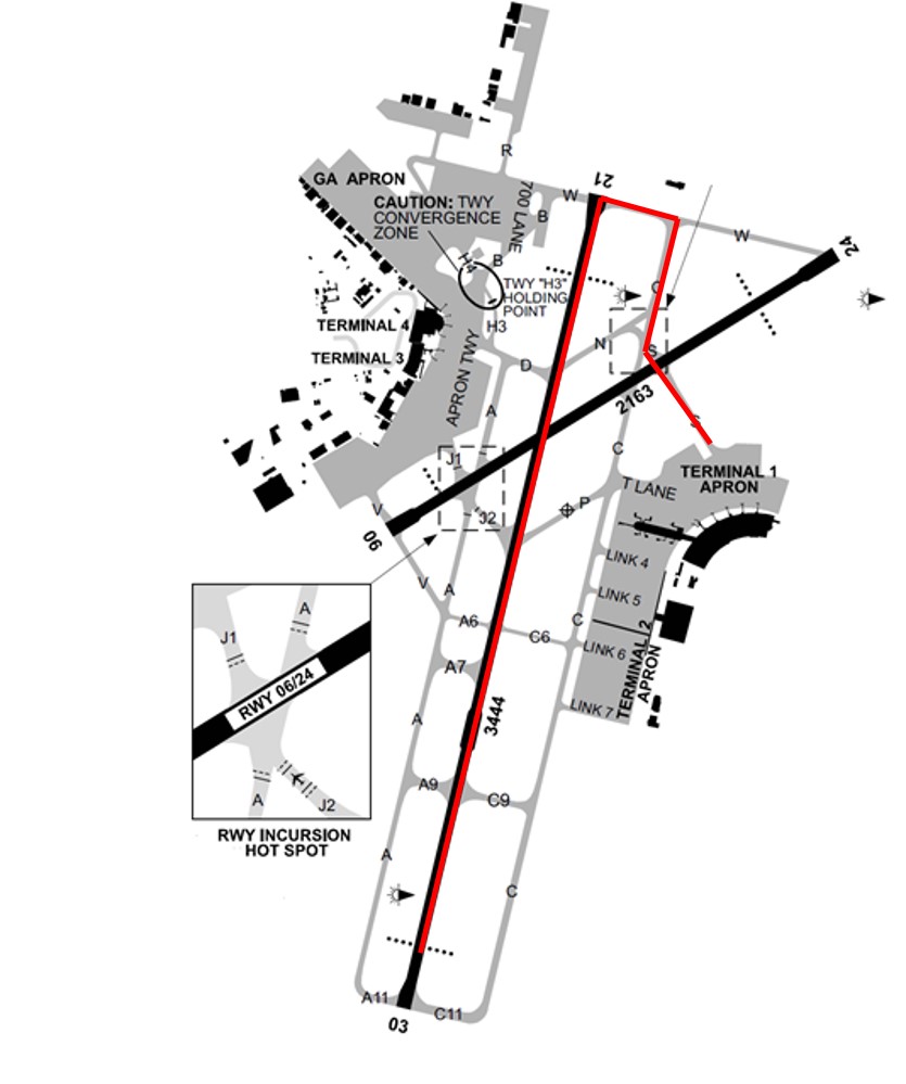 Figure 1: Taxi and take-off path (in red) of PK-AZE.Source: Airservices Australia (modified by the ATSB)