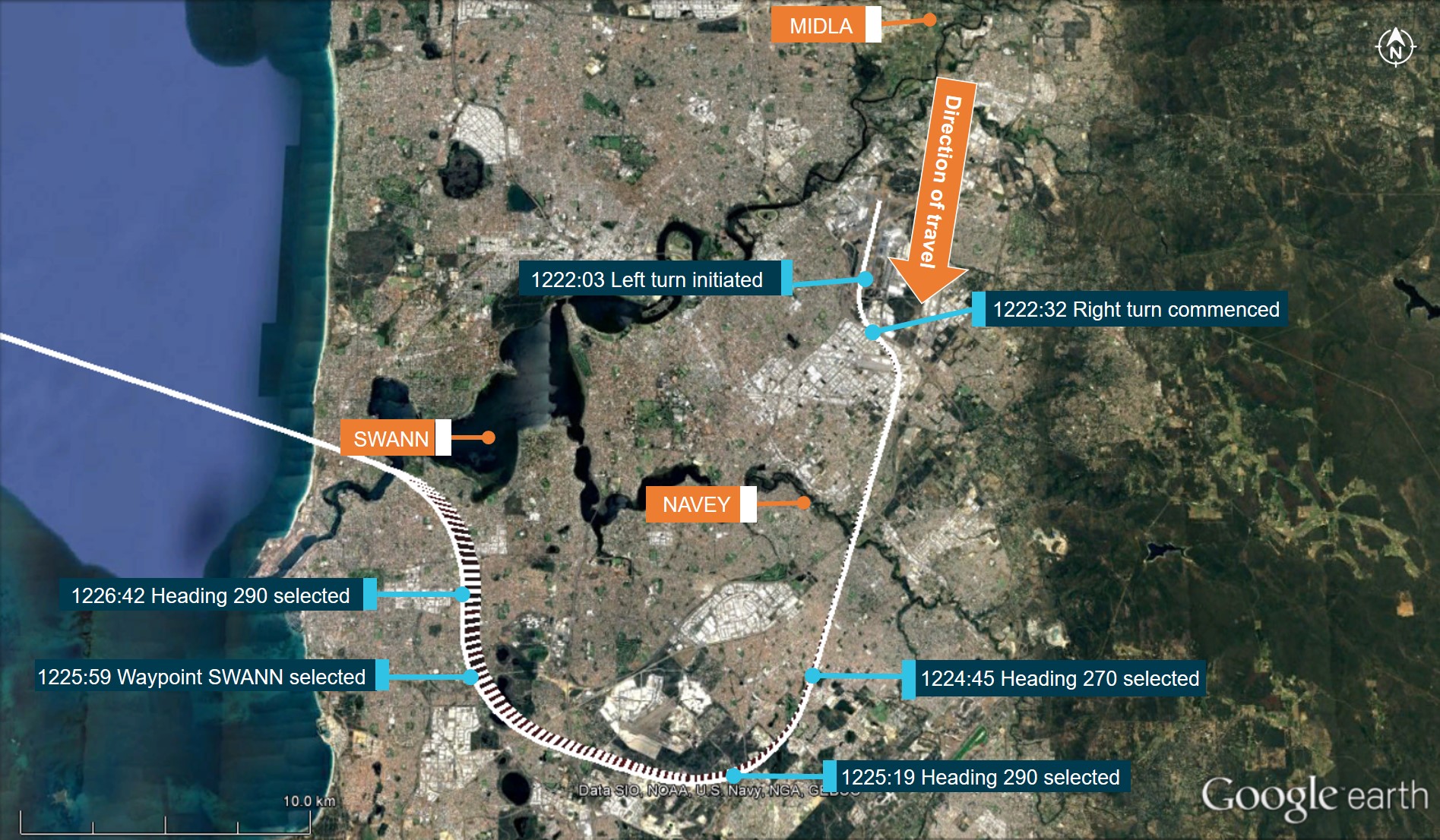 Figure 2: Flight path of PK-AZE from runway 21.Source: Google Earth, modified by the ATSB