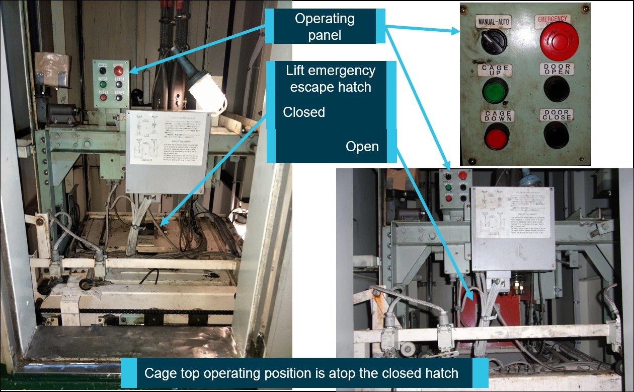 Figure 2: Elevator cage top from entrance door (forward).
Source: Singapore Transport Safety Investigation Bureau; Worksafe Victoria and ATSB