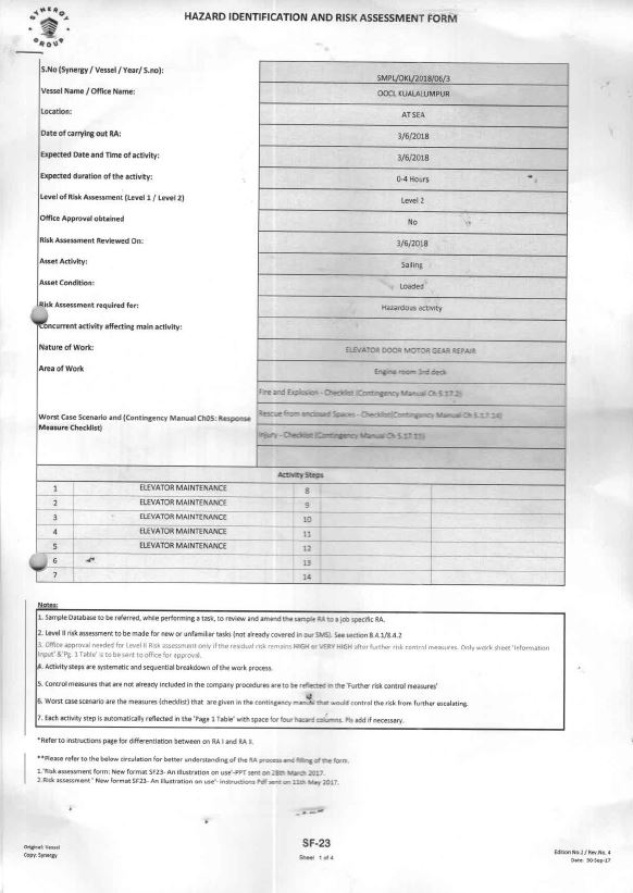 Appendix A – Hazard identification and risk assessment form for elevator maintenance on 3 June 2018. Page 1.