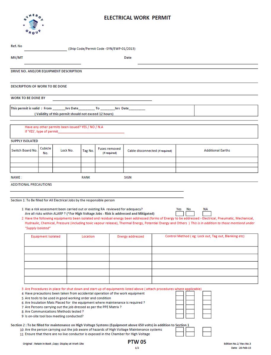 Appendix B – Synergy Group Electrical work permit. Page 1.