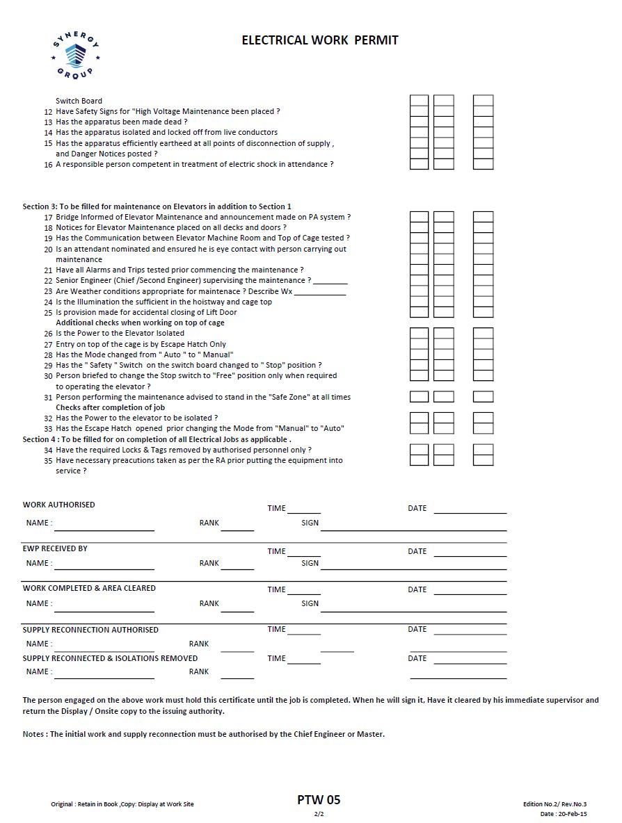 Appendix B – Synergy Group Electrical work permit. Page 2.