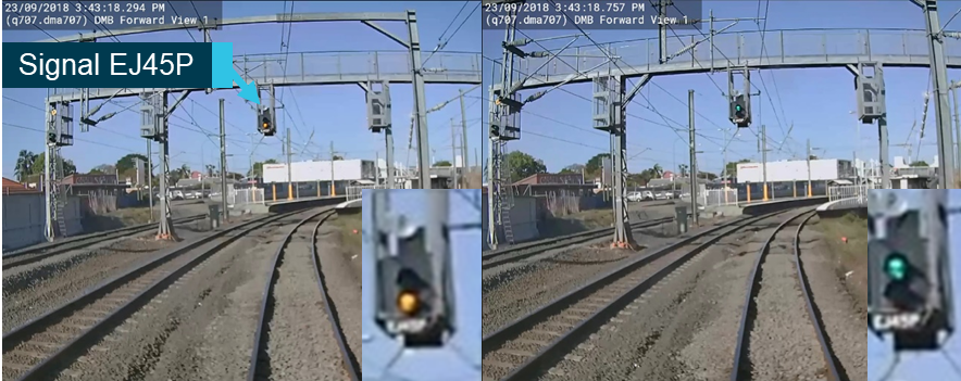 Figure 2: Train DP41 approaching Eagle Junction station with signal EJ45P.
Note: Signal EJ45P changing indication from yellow to green as DP41 approaches. 
Source: Queensland Rail, annotated by the ATSB