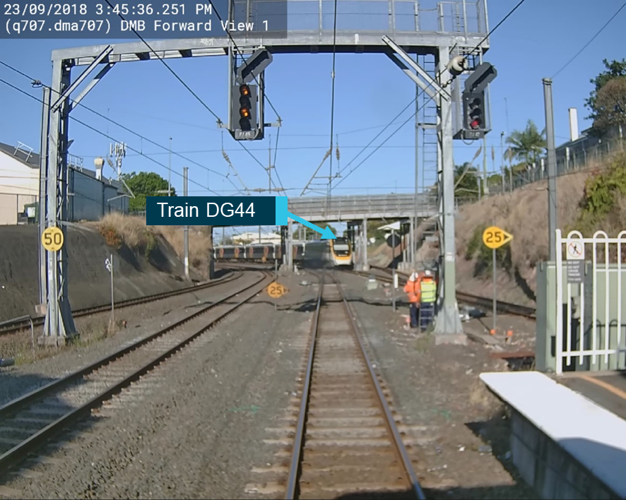 Figure 4: Train DG44 crossing the conflicting route.
Note: Approaching train DG44 crossing the conflicting route. 
Source: Queensland Rail, annotated by the ATSB