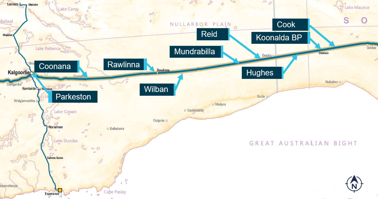 Figure 1: Referenced locations between Cook and Parkeston (Kalgoorlie).
Source: Geoscience Australia, annotated by ATSB