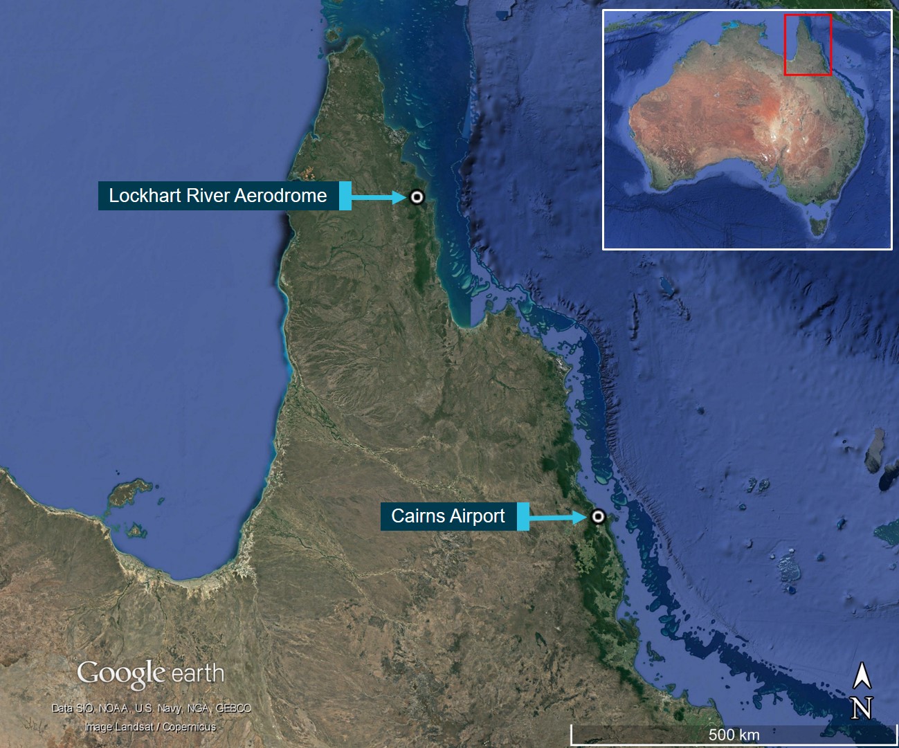 Figure 1: Location of Cairns and Lockhart River in north Queensland, Australia.Source: Google Earth, annotated by the ATSB