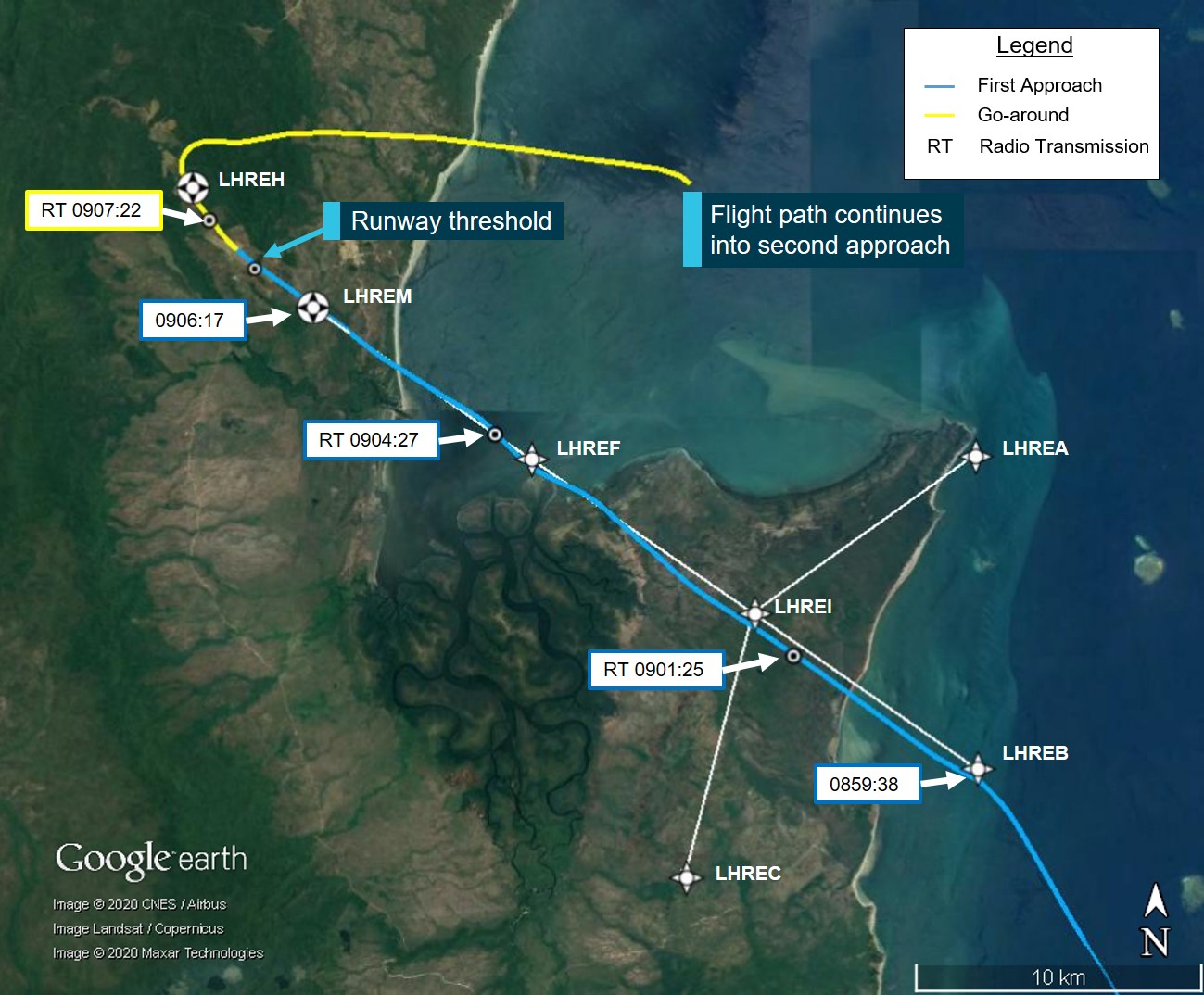Figure 2: Flight track of VH-OZO during first RNAV (GNSS) approach at Lockhart River Aerodrome with time stamps, feature labels, and approach parameters superimposed.Source: Google Earth, annotated by the ATSB