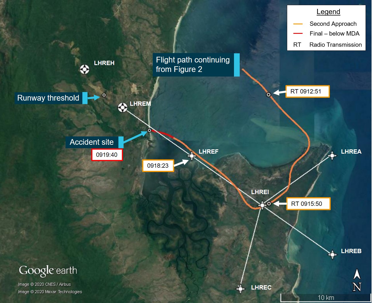 Figure 3: Flight track of VH-OZO during second RNAV (GNSS) approach at Lockhart River Aerodrome with time stamps, feature labels, and approach parameters superimposed.Source: Google Earth, annotated by the ATSB