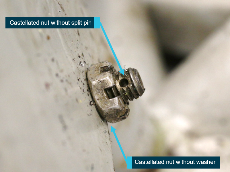 Figure 8: Left side rear rudder balance cable bolt and castellated nut.Source:  ATSB