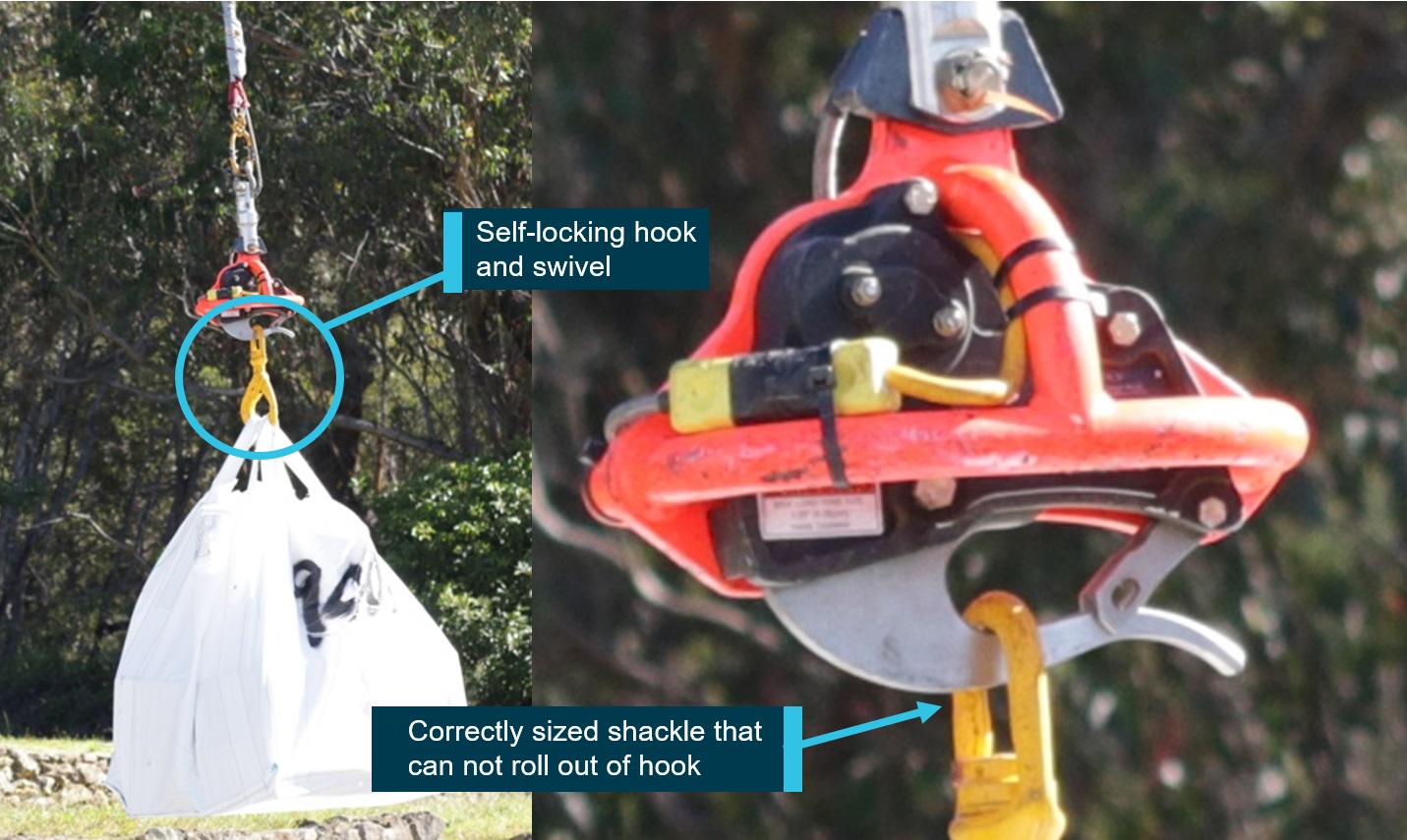 Figure 2: Remote Hook lifting load with self-locking hook and swivel.<br />
Source: Operator