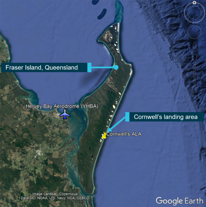 Figure 1: Fraser Island and Cornwell’s aeroplane landing area.<br />
Source: Google Earth, annotated by ATSB