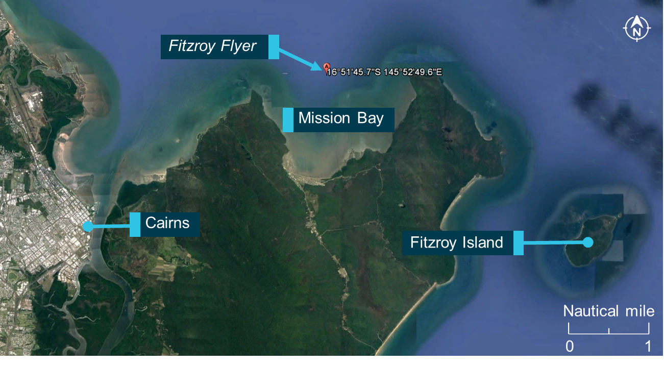 Figure 2: Position of Fitzroy Flyer in Mission Bay when the fire alarm activated.Source: Google Earth, annotated by ATSB
