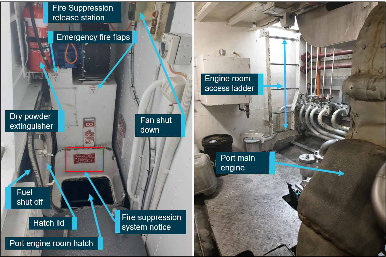 Figure 3: Port engine room and entrance.<br />
Source: Fitzroy Investments, annotated by ATSB