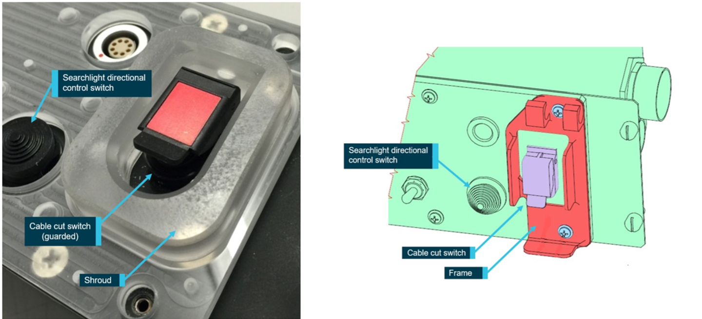 Figure 2: Operator’s solution - shroud around cable cut switch (left)    Manufacturer’s solution - frame around cable cut switch (right)