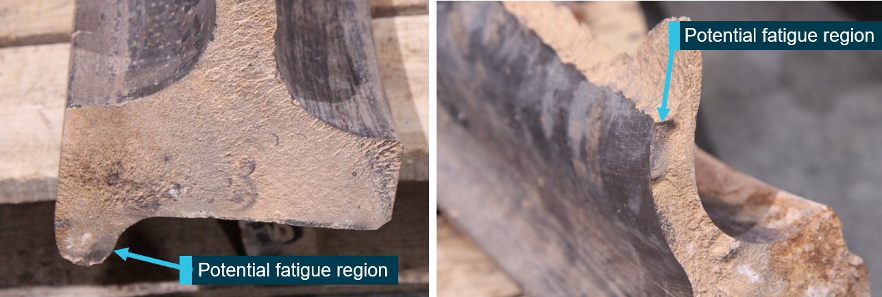 Figure 2: Two fatigue regions in the flange (left) and the plate (right).Source: ATSB