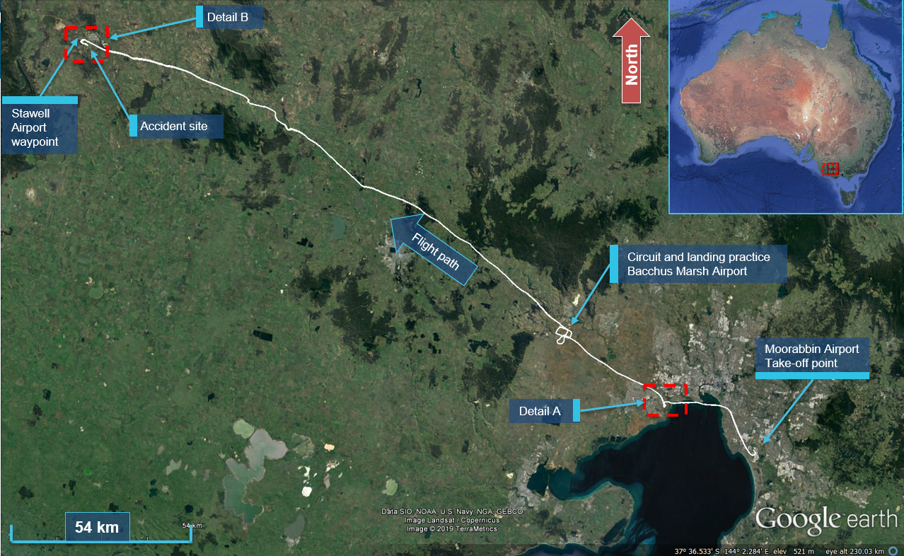 Figure 1: Aircraft’s flight path and accident site location.Source: Google Earth, modified by the ATSB