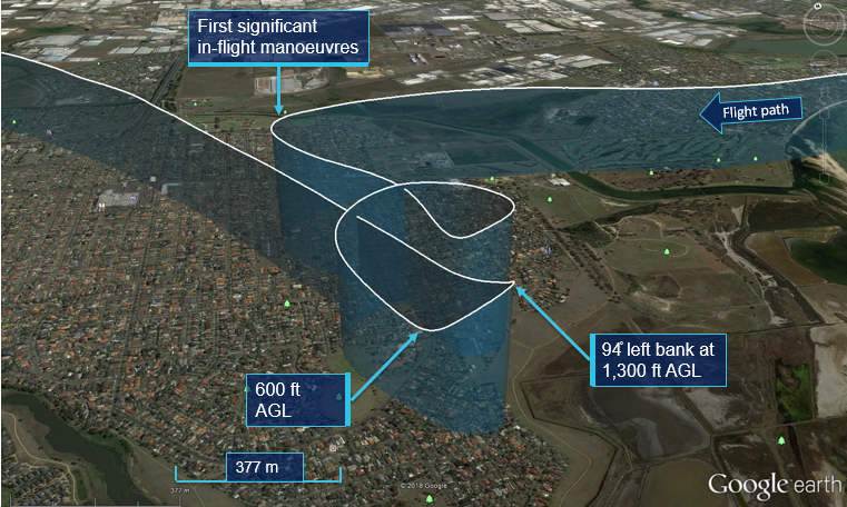 Figure 2: Detail A – Recorded data of the aircraft flight path over a built-up area.Source: Google Earth, modified by the ATSB