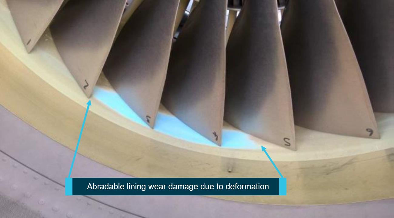 The blue area shows where the rotating engine blades have contacted the abradable lining.
Source:  Operator’s investigation report, annotated by the ATSB.