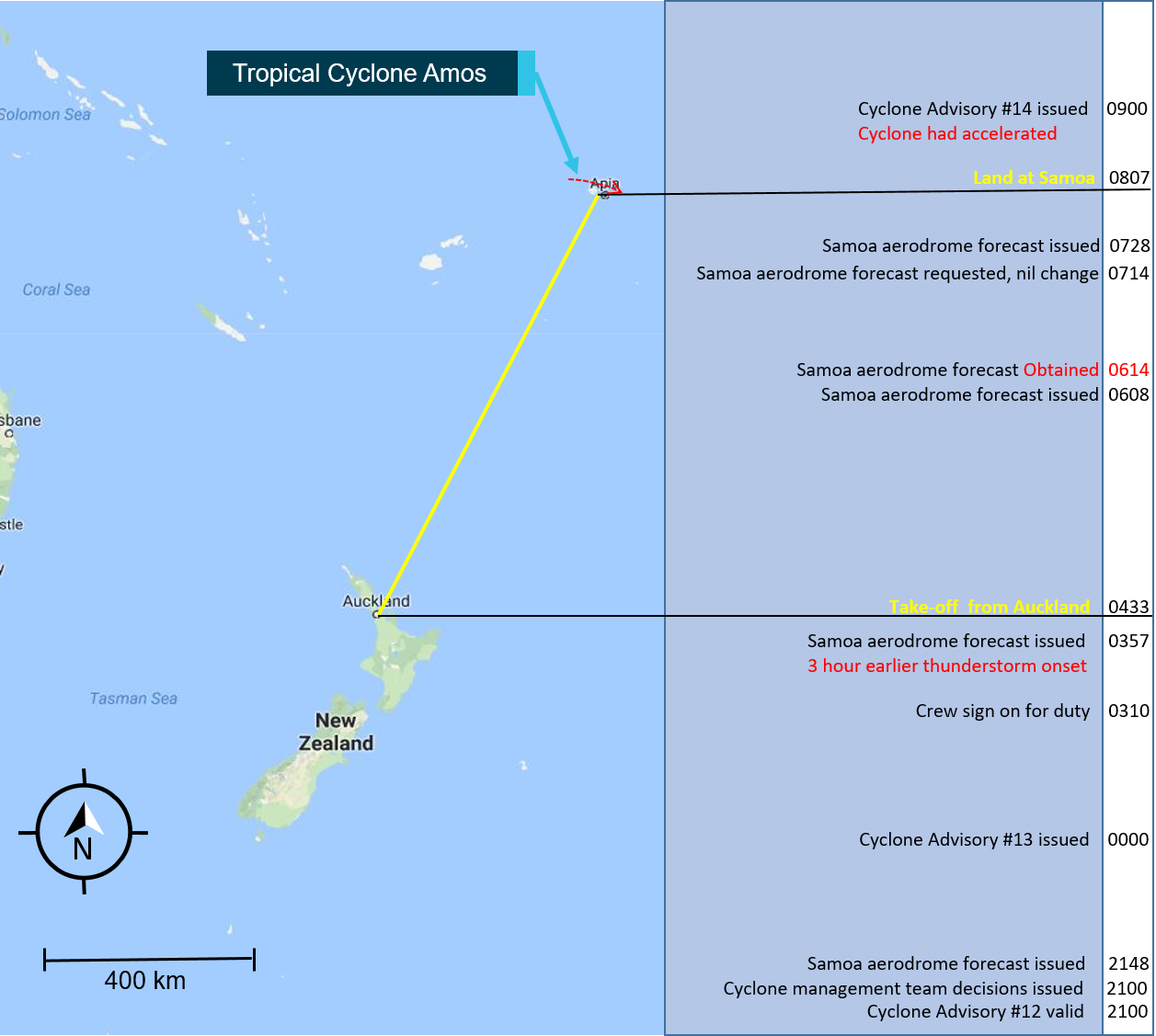 Figure 3: Image of the flight and the weather information available at different times.
Source: Google maps, annotated by the ATSB
