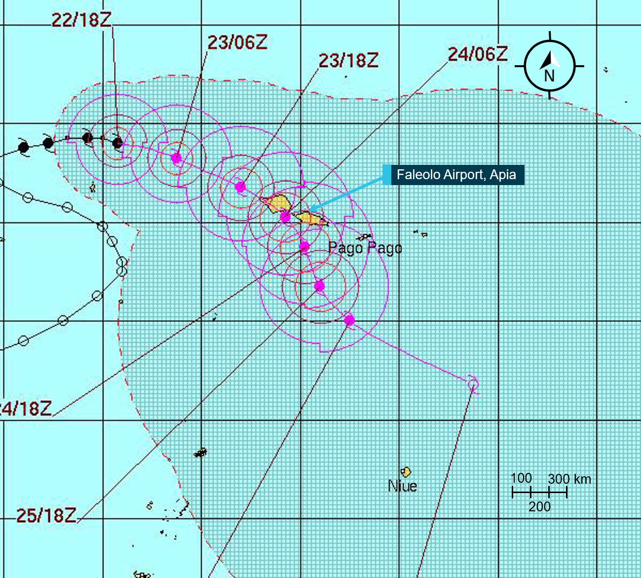 Figure 4 : JTWC Cyclone Advisory No. 12, issued 2100 on 22 April – the forecast provided to the flight crew. The four-digit number gives the date and hours in UTC (Z) when the cyclone was forecast to be in that location. The concentric circles are isotachs - lines of constant wind speed surrounding the cyclone.
Source: JTWC, annotated by the ATSB