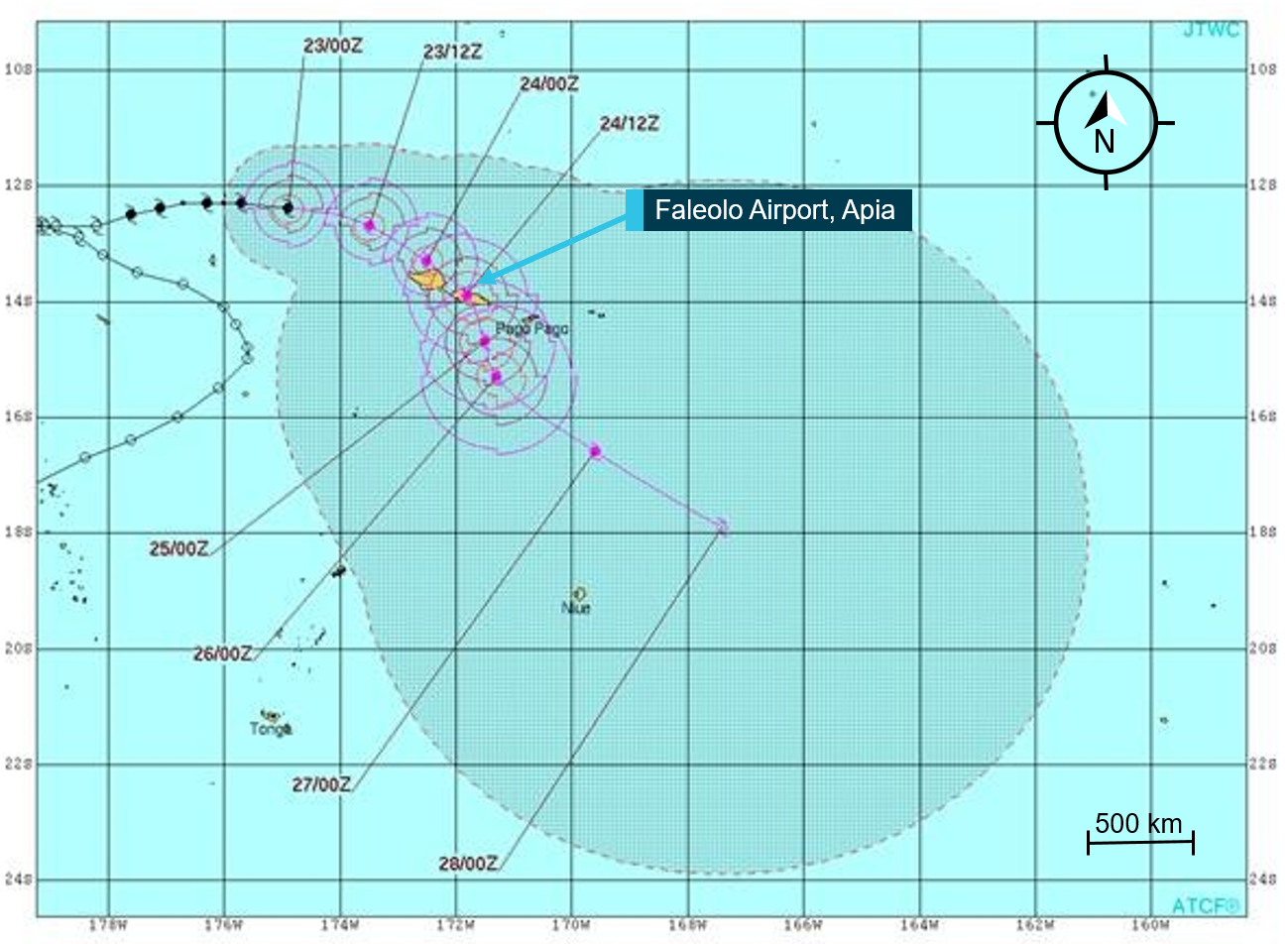 Figure 5: JTWC Cyclone Advisory No: 13, issued 0000 23 April – the last forecast issued before the incident.
Source: JTWC, annotated by the ATSB