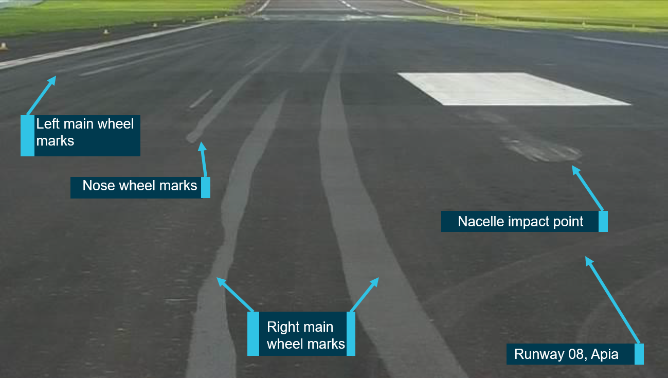 Figure 7: Runway 08 surface marks and nacelle paint transfer.
Source:  Operator, annotated by the ATSB