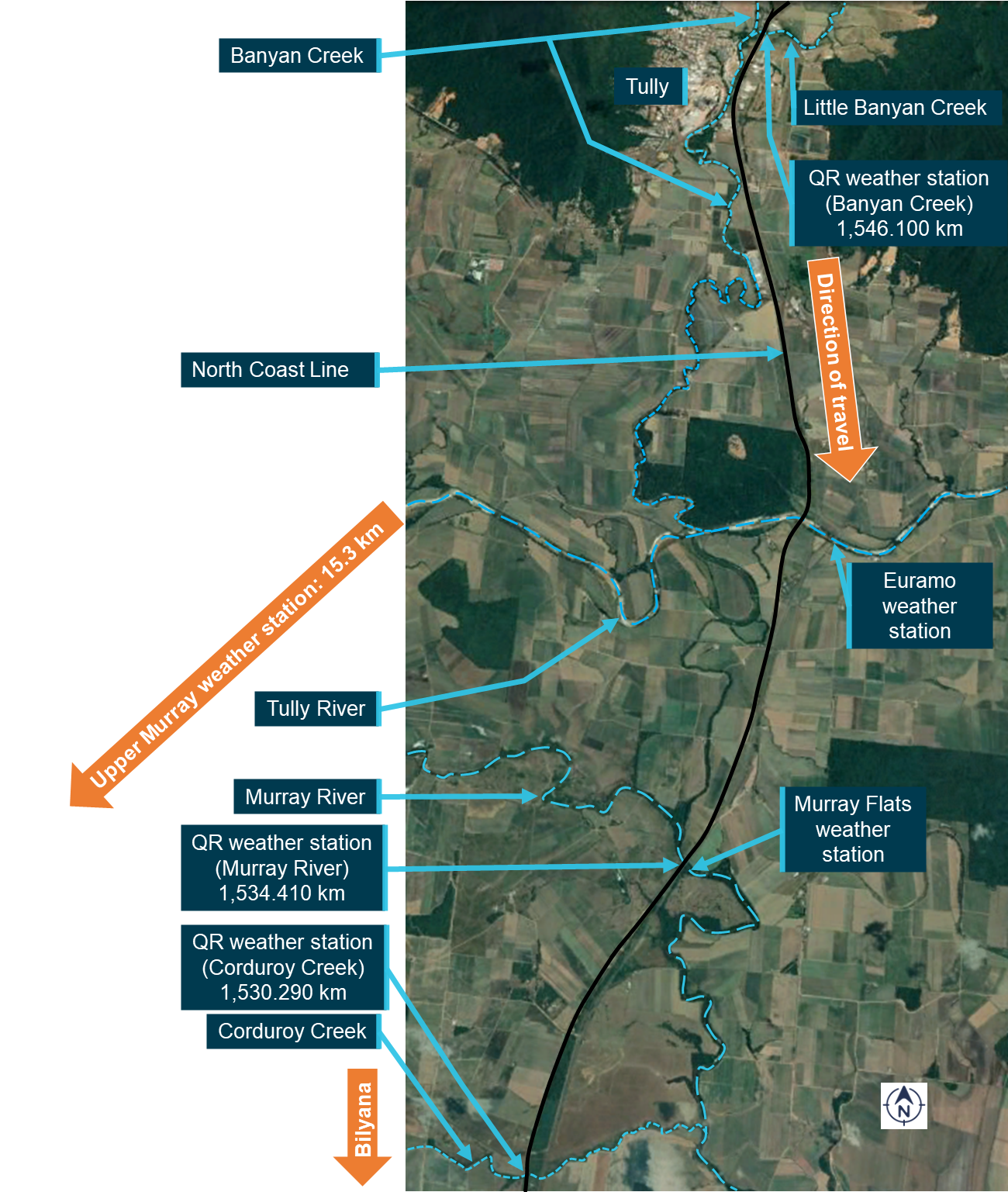 Figure 7: Position of rivers, creeks, and weather stations near Tully.
Source: Google earth, annotated by ATSB