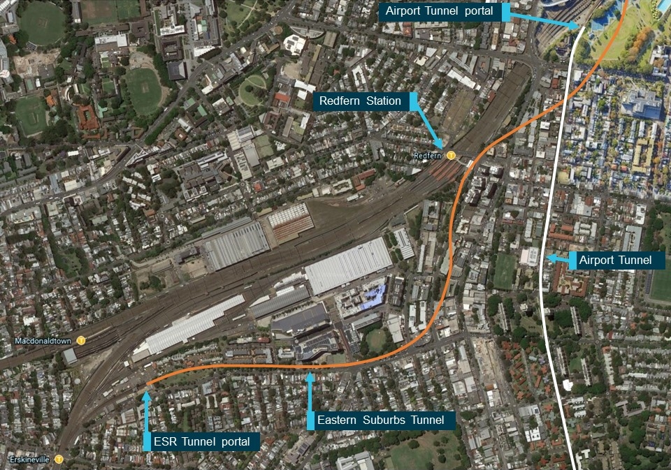 Figure 2: Eastern Suburbs Railway and Airport Line Tunnels.<br />
This map shows the underground path of the Eastern Suburbs Railway tunnel in orange and Airport Line tunnel in white.<br />
Source: Google Earth, annotated by OTSI