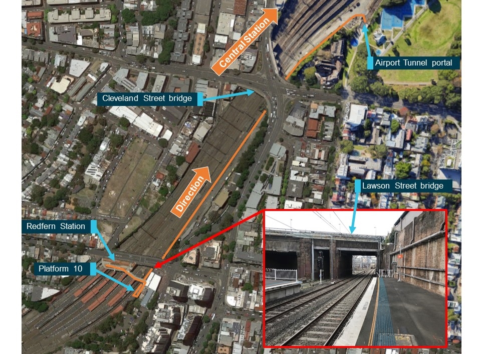 Figure 5: Path taken by the RSW from Redfern to entering the Airport Tunnel.
Source: Google Maps and OTSI, annotated by OTSI