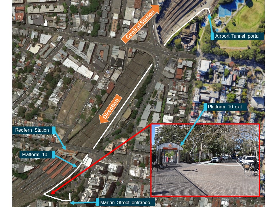 Figure 6: Path taken by the RSW from the Airport Tunnel to return to the ESR worksite.<br />
Source: Google Maps and OTSI, annotated by OTSI