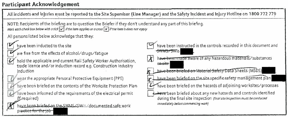 Figure 7: Worksite protection pre-work briefing - Participant Acknowledgement.<br />
Source: Sydney Trains, redacted by OTSI
