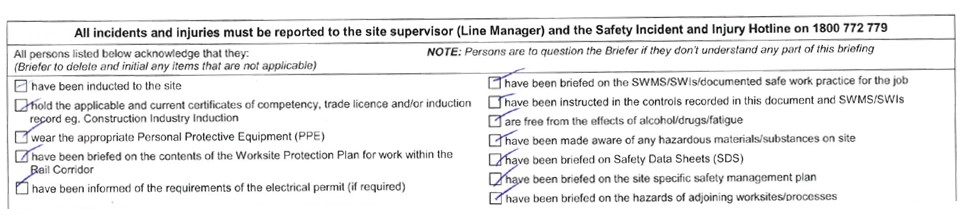 Figure 9:  Project Site Induction Briefing Participant Acknowledgement.<br />
Source: Sydney Trains