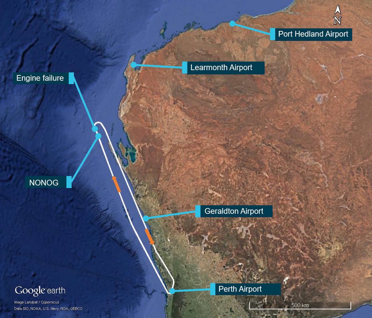 Figure 1: Image of the western side of Australia, showing the flight track for XAX237 highlighting the location of engine failure and nearby airports.<br />
Source: Google earth, modified by ATSB.