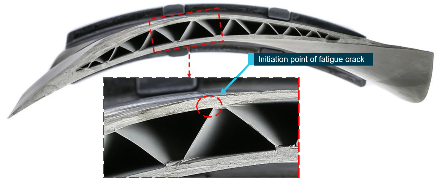 Figure&nbsp;4: Overview of fracture surface showing the initiation point of the fatigue crack on the inner surface of the convex panel.Source: Rolls-Royce and ATSB.
