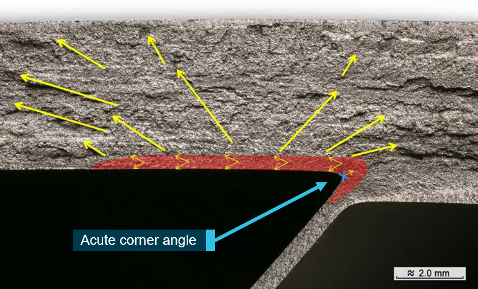 Figure&nbsp;5: Magnified view of the fracture near the initiation point showing propagation of the fatigue crack from the inner surface of the convex panel.Source: Rolls-Royce.
